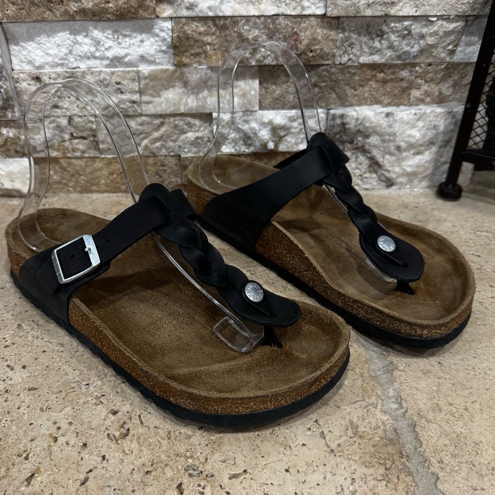 Birkenstock Gizeh Braided Thong Sandals Black Leather Womens US Size 8-8.5 EU 39